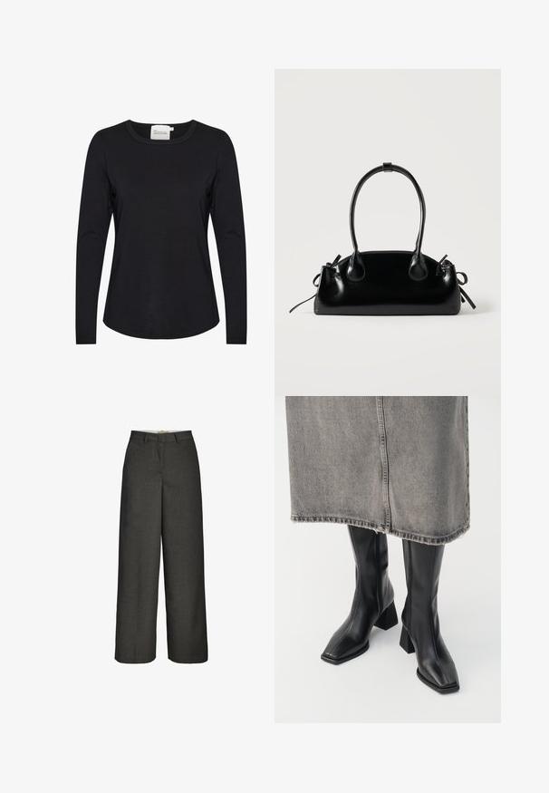 Top negro ajustado de manga larga con escote redondo y etiqueta visible que dice "My Essential Wardrobe" sobre fondo blanco.; Pantalones anchos de color gris oscuro con trabillas para cinturón y cierre delantero con cremallera, mostrados sobre un fondo blanco.; Botas negras hasta la rodilla de cuero liso con punta cuadrada y tacón cuadrado. Llevadas con una falda de mezclilla gris con dobladillo desflecado.; Pequeño bolso negro brillante con dos asas largas y detalles de cordón lateral sobre un fondo claro liso.