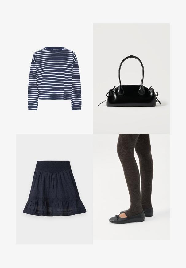 Top de manga larga azul marino con rayas horizontales blancas, cuello redondo y dobladillo corto. El tejido parece suave con un acabado texturizado.; Falda azul marino hasta la rodilla con cintura elástica fruncida, patrón de puntos sutil y dobladillo con volantes.; Piernas con leggings oscuros acanalados combinados con bailarinas negras que presentan pequeños detalles de lazo sobre un fondo blanco.; Pequeño bolso negro brillante con dos asas largas y detalles de cordón lateral sobre un fondo claro liso.