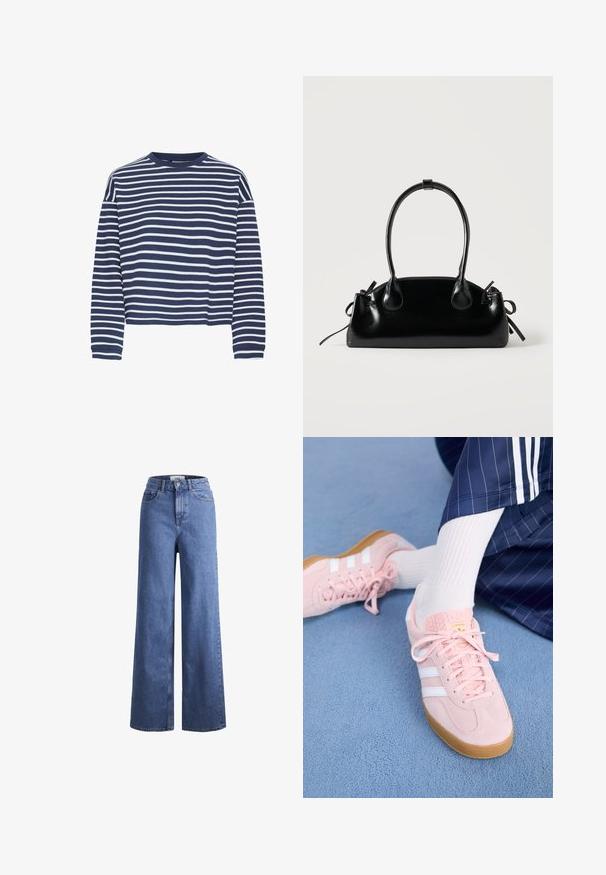 Marineblå langærmet top med hvide vandrette striber, rund halsudskærkning og cropped kant. Stoffet ser blødt ud med en tekstureret finish.; Lyseblå denim brede bukser med høj talje, to frontlommer og synlige stikninger. Har en knap- og lynlåslukning.; Lyserøde ruskinds sneakers med hvide striber og snørebånd, udstyret med en struktureret tunge og en gummisål, placeret på et blåt tæppe.; Lille sort blank håndtaske med to lange håndtag og snøre-detaljer i siden på en ensfarvet lys baggrund.