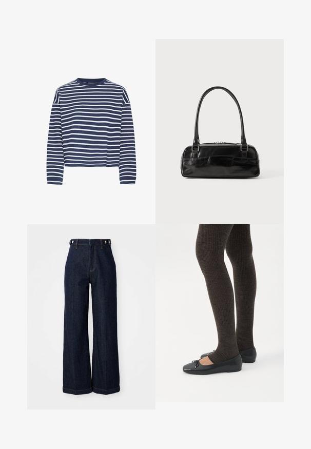Marineblå langærmet top med hvide vandrette striber, rund halsudskærkning og cropped kant. Stoffet ser blødt ud med en tekstureret finish.; Mørkeblå vide jeans lavet af denim, med høj talje, fem-pocket design og kontrasterende orange syninger.; Ben iført mørke ribbede leggings kombineret med sorte balletsko med små sløjfedetaljer på hvid baggrund.; Sort læderhåndtaske med rektangulær form, der har et enkelt struktureret håndtag, sølvhardware og lynlås-lukning. Glat tekstur.
