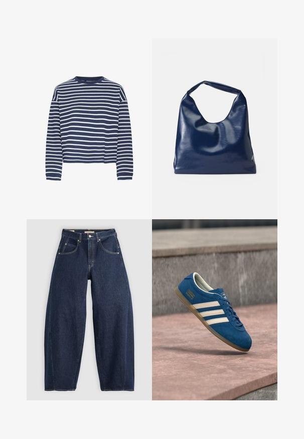 Marineblå langærmet top med hvide vandrette striber, rund halsudskærkning og cropped kant. Stoffet ser blødt ud med en tekstureret finish.; Mørkeblå denim jeans med løs pasform, lyse syninger, fem lommer og en knaplukning ved taljen.; Blå ruskindsneaker med cremefarvede striber og snørebånd, sål af gummiridse, tekstureret overflade, rundet tå og mærkning på siden.; Marineblå kunstlæder skuldertaske med en blød, blank overflade, rund form og et enkelt, bredt håndtag for nem bæring.