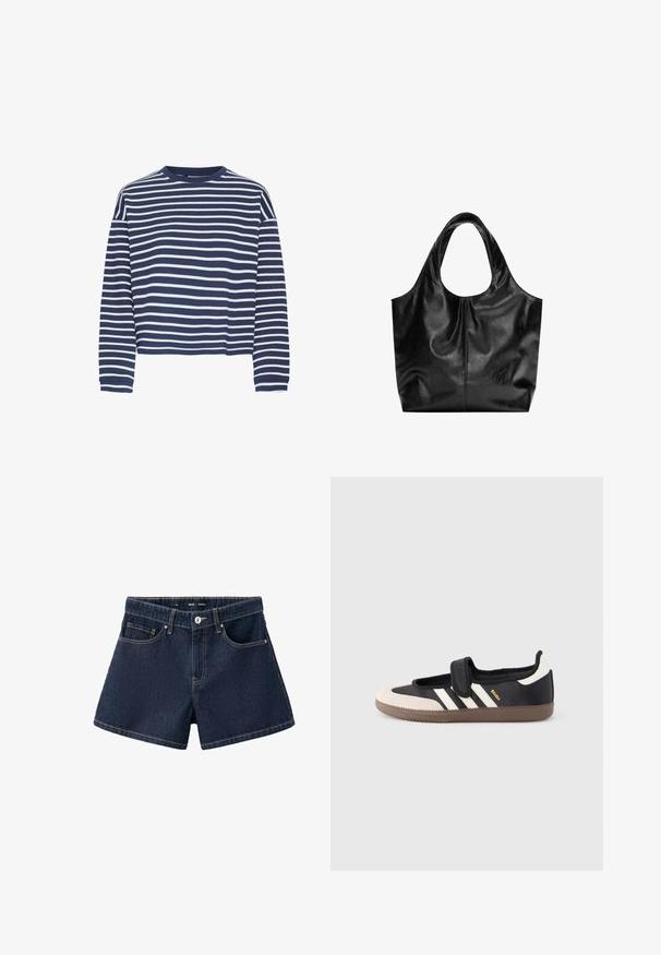 Marineblå langærmet top med hvide vandrette striber, rund halsudskærkning og cropped kant. Stoffet ser blødt ud med en tekstureret finish.; Mørkeblå denimshorts med frontknap, lynlås, bæltestropper og to forlommer på ens hvid baggrund.; Sort og beige sko med velcrolukning, tre hvide striber på siden og en tekstureret brun gummisål. Mærkelogo er synligt.; Sort læder tote taske med en glat overflade, en blød, afrundet top og brede håndtag. Har minimal syning og en afslappet silhuet.