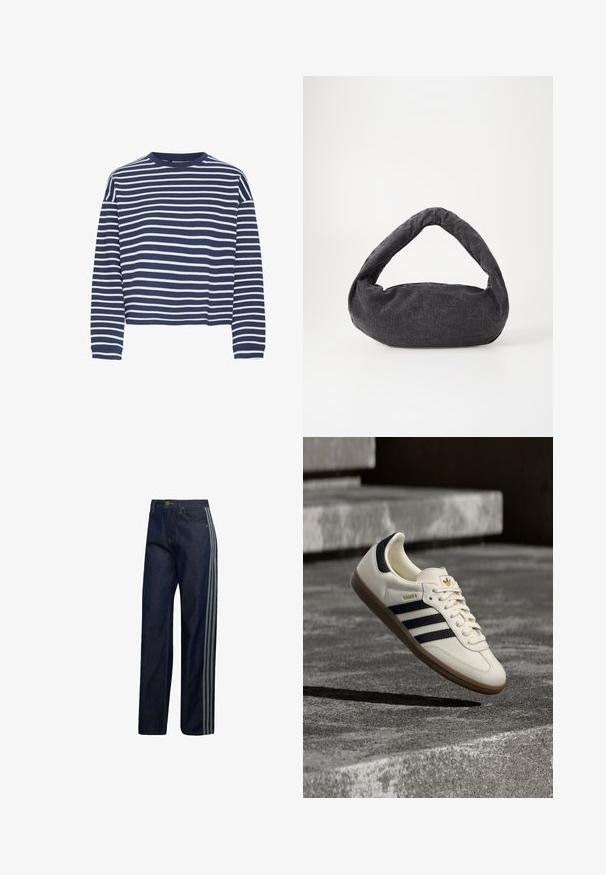 Top de manga larga azul marino con rayas horizontales blancas, cuello redondo y dobladillo corto. El tejido parece suave con un acabado texturizado.; Vaqueros de mezclilla azul oscuro con piernas rectas y tres rayas gris claro que recorren el lado exterior de cada pierna.; Zapatilla blanca Adidas Samba con franjas negras y suela de goma, flotando sobre escalones de hormigón gris texturizado.; Bolsa de tela gris oscuro con un asa curva, textura suave y forma redondeada. Sin hardware ni adornos visibles.