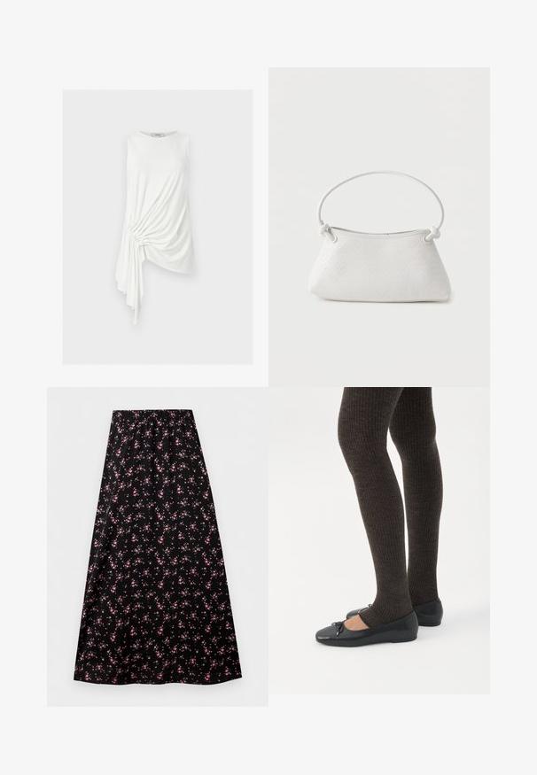 Haut blanc sans manches avec ourlet asymétrique et détail drapé froncé sur un côté, en tissu léger.; Jupe noire trapèze avec taille élastique, présentant un petit motif floral rose uniformément réparti sur le tissu.; Jambes portant des leggings côtelés foncés associés à des ballerines noires avec de petits détails en nœud sur fond blanc.; Sac à main en cuir tressé blanc avec poignée arrondie et extrémités de lanière nouées, présenté sur un fond uni.
