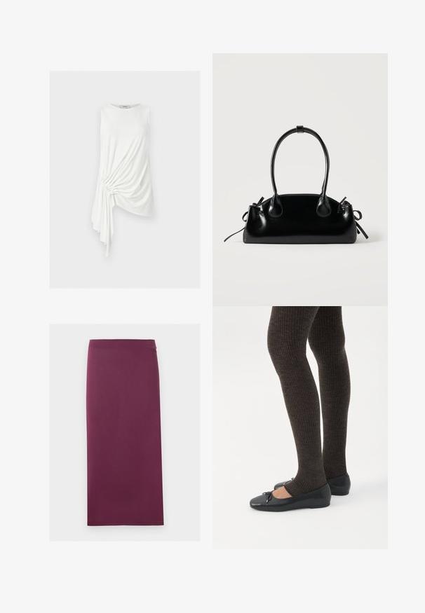 Haut blanc sans manches avec ourlet asymétrique et détail drapé froncé sur un côté, en tissu léger.; Jupe crayon unie couleur prune, coupe droite et longueur mi-mollet, présentée à plat sur fond blanc.; Jambes portant des leggings côtelés foncés associés à des ballerines noires avec de petits détails en nœud sur fond blanc.; Petit sac à main noir brillant avec deux longues anses et des détails à cordon sur les côtés sur un fond clair uni.