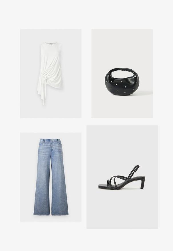 Haut blanc sans manches avec ourlet asymétrique et détail drapé froncé sur un côté, en tissu léger.; Jean large en denim bleu clair avec taille haute, bouton avant et design cinq poches, présenté sur un fond uni.; Sandale noire à lanières avec un bout carré et un petit talon bloc. Elle présente plusieurs fines lanières et une sangle de cheville ajustable. Fabriquée en cuir lisse.; Sac à main en cuir noir de forme arrondie, décoré de clous argentés et équipé d'une poignée courte. Texture lisse et fermeture éclair.