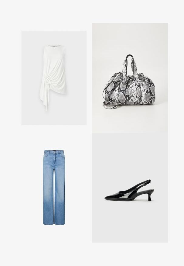 Haut blanc sans manches avec ourlet asymétrique et détail drapé froncé sur un côté, en tissu léger.; Jean large taille haute bleu clair avec boutons et fermeture éclair à l'avant, passants pour ceinture, et détails délavés sur les cuisses et les genoux.; Escarpins en cuir verni noir avec un bout pointu et un petit talon carré. Sangle réglable à la cheville avec boucle.; Sac à main en motif peau de serpent noir et blanc avec deux poignées, une fermeture à cordon et une bandoulière amovible. Texture lisse.