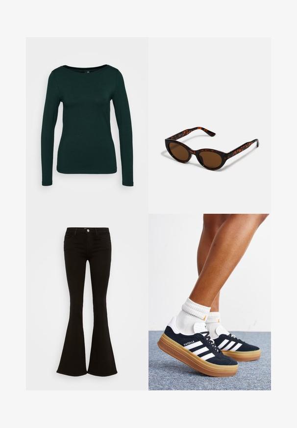 Parte superior de manga larga en verde oscuro, fabricada con tela suave. Presenta un escote redondo y un diseño ajustado con bordes sin costuras. Estilo minimalista.; Jeans de campana negros de talle alto con botón frontal, presillas para cinturón y cinco bolsillos, exhibidos sobre un fondo blanco.; Piernas con calcetines blancos y zapatillas Adidas Gazelle negras con rayas blancas y suelas marrones gruesas sobre un suelo alfombrado gris.; Gafas de sol de carey marrón con una forma vintage de ojo de gato y lentes marrones. Presentan brazos curvados con acentos rojos.