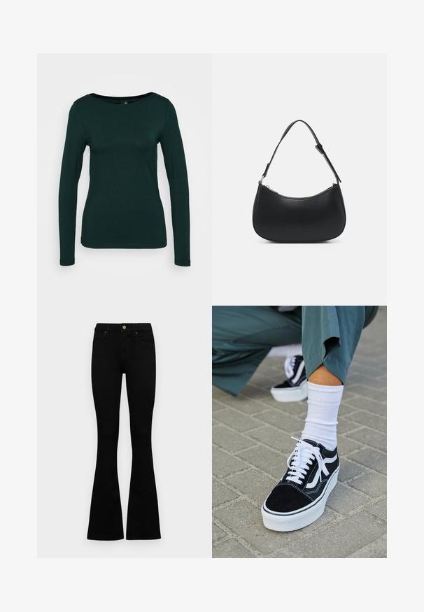 Langemouwige top in donker groen, gemaakt van zachte stof. Heeft een ronde halslijn en een getailleerd ontwerp met naadloze randen. Minimalistische stijl.; Zwarte hoge taille jeans met een knoop- en ritssluiting, voorzakken en een flared pijp, plat gelegd op een witte achtergrond.; Zwarte suède sneaker met witte accenten en veters, uitgerust met een dikke witte zool en contrasterende stiksels, gecombineerd met een witte sok.; Pieces PCALUANA SHOULDER BAG - Handtas - black