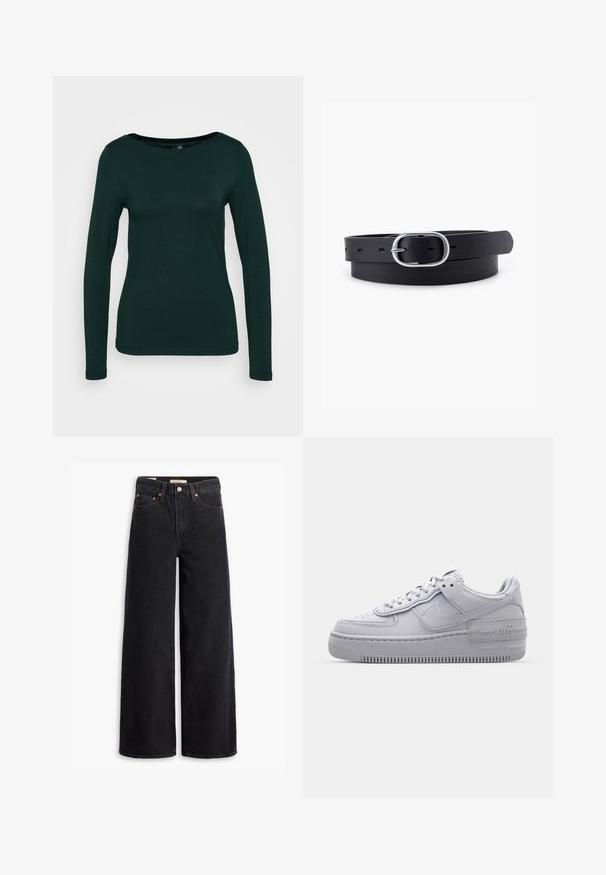 Parte superior de manga larga en verde oscuro, fabricada con tela suave. Presenta un escote redondo y un diseño ajustado con bordes sin costuras. Estilo minimalista.; Jeans de pierna ancha negros hechos de denim, con cinco bolsillos, remaches de cobre y un cierre clásico de botón. Textura suave con un diseño limpio.; Zapatilla Nike Air Force 1 gris con puntera perforada, parte superior de cuero suave, suela gruesa y detalle en relieve 'AIR' en el talón.; Cinturón de cuero negro con una textura suave, hebilla ovalada de metal plateado y múltiples agujeros de ajuste a lo largo de la correa. Diseño plano y minimalista.