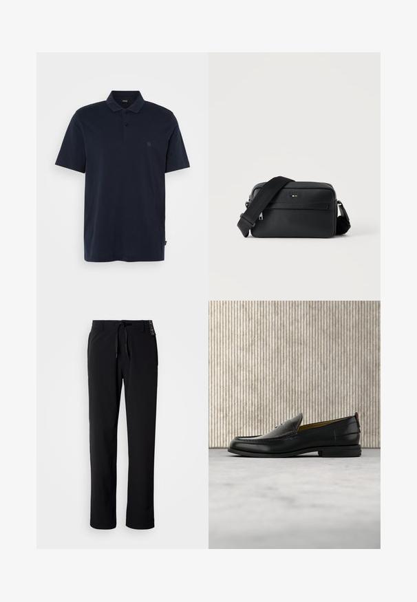 Polo shirt bleu marine en tissu coton, présentant un col classique, une patte de boutonnage à deux boutons, des manches courtes et un logo brodé subtil sur la poitrine.; Pantalon noir et léger avec une coupe droite. Doté d'une taille à cordon de serrage et d'une texture lisse. Convient pour une tenue décontractée.; Mocassin pour homme en cuir noir avec un dessus embossé effet croco et un petit talon, présenté de profil sur un fond neutre.; Sac bandoulière en cuir noir texturé avec poche avant zippée et bandoulière large en tissu réglable sur fond blanc.