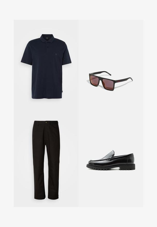 Polo shirt bleu marine en tissu coton, présentant un col classique, une patte de boutonnage à deux boutons, des manches courtes et un logo brodé subtil sur la poitrine.; Pantalon en coton noir avec une coupe droite, des passants de ceinture, une fermeture éclair à l'avant et un seul bouton. Texture lisse sans motifs visibles.; Mocassin en cuir noir avec semelle en caoutchouc épaisse, dessus cousu et nom de marque embossé sur le talon, présenté de profil sur fond blanc.; Lunettes de soleil rectangulaires noires avec des verres rouge foncé, présentant une finition mate et un logo rouge sur la branche. Monture en plastique robuste.