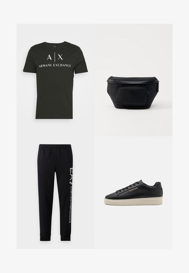 Čierne tričko s okrúhlym výstrihom vyrobené z bavlny, s bielym logom "A|X ARMANI EXCHANGE". Krátke rukávy a voľný strih.; Čierne tepláky vyrobené z bavlnenej zmesi, s elastickým pásom, zúženými nohavicami, ribovanými manžetami a bielym logom na boku.; Čierne kožené tenisky s hladkým povrchom, kontrastnou krémovou podrážkou, zaoblenou špičkou, zlatým logom na boku a šiestimi dierkami na šnúrky.; Čierna nylonová taška s prednou zipsovou kapsou, s hladkým povrchom a akcentom loga. Štruktúrovaný dizajn s prehnutým vrchom.