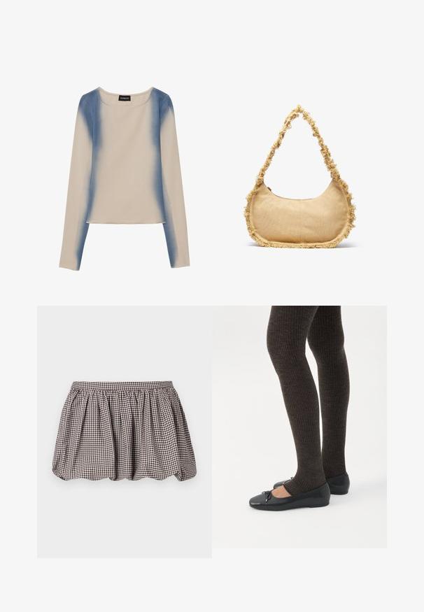 Langærmet top i lys beige med et gradient blå design. Glat tekstur med rund halsudskæring og lige kant.; Brun og hvid ternet A-linje nederdel med samlet talje, lavet af letvægtsstof, med et subtile tekstureret mønster.; Ben iført mørke ribbede leggings kombineret med sorte balletsko med små sløjfedetaljer på hvid baggrund.; Struktureret beige taske med en rund form, frynset kant langs kanterne og en kort rem til at bære. Lynlåsåbning på toppen.