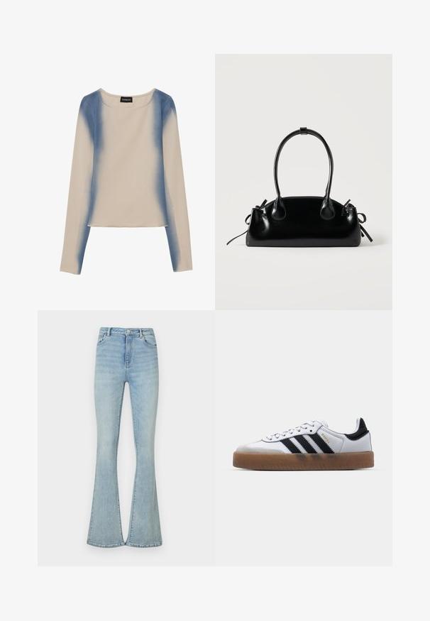 Haut à manches longues en beige clair, avec un design dégradé bleu. Texture lisse avec un col rond et une taille droite.; Jean évasé bleu clair en denim, avec taille haute, design classique à cinq poches et ourlets nets. Texture lisse, peu de détails.; Baskets en cuir blanc avec des rayures noires, semelle extérieure en caoutchouc beige, bout rond, fermeture lacée et embout en suède gris doux.; Petit sac à main noir brillant avec deux longues anses et des détails à cordon sur les côtés sur un fond clair uni.