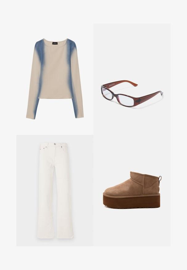 Camiseta de manga larga en color beige claro, con un diseño en degradado azul. Textura suave, con cuello redondo y línea de dobladillo recta.; Jeans acampanados blancos hechos de denim, con cintura alta, cinco bolsillos y costuras de doble puntada, adornados con herrajes en tono cobre.; Botín marrón de ante de altura media, tipo slip-on, con suela gruesa de plataforma y lengüeta en la parte trasera, sobre fondo claro.; Gafas rectangulares con tintado marrón y acabado brillante, con varillas delgadas y lentes transparentes. Logo visible en la patilla izquierda.