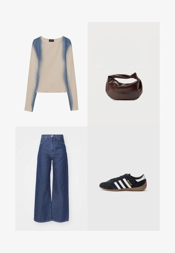 Langærmet top i lys beige med et gradient blå design. Glat tekstur med rund halsudskæring og lige kant.; Bredde ben jeans lavet af mørkeblå denim. Høj talje med lynlås og knaplukning. Har klassisk fem-lomme stil og omfoldede kanter.; Sort ruskindssneaker med tre hvide striber, gummisål og et lille gyldent logo på siden. Har en glat sort foring indvendigt.; Mørkebrun læder skuldertaske med en blød, afslappet form og et snoet knudehåndtag på en ensartet hvid baggrund.