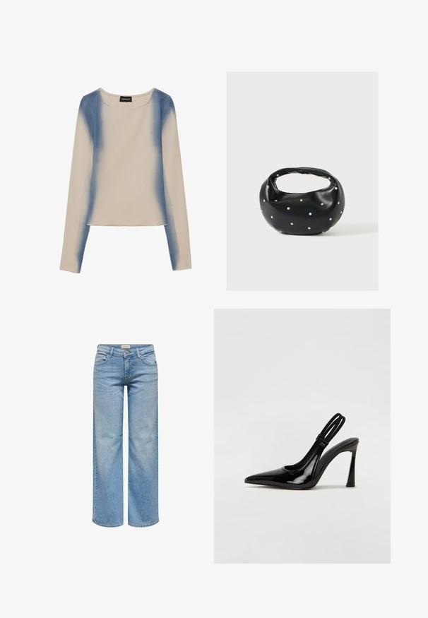 Haut à manches longues en beige clair, avec un design dégradé bleu. Texture lisse avec un col rond et une taille droite.; Jean denim bleu clair coupe droite avec fermeture devant par bouton et zip, passants de ceinture, poches avant et arrière.; Escarpin en cuir verni noir à talon aiguille, à bout pointu, avec une sangle élastique double pour un maintien sécurisé. Surface lisse et brillante.; Sac à main en cuir noir de forme arrondie, décoré de clous argentés et équipé d'une poignée courte. Texture lisse et fermeture éclair.
