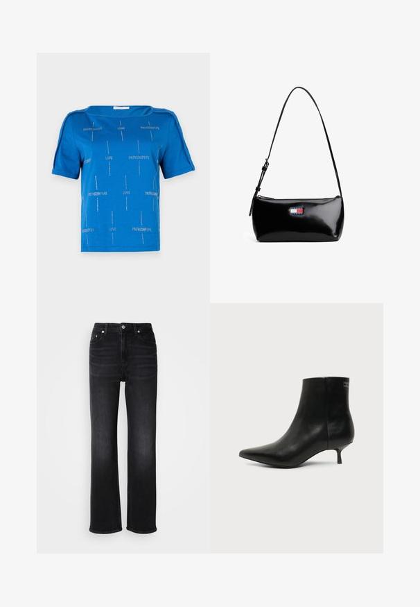 T-shirt en coton bleu avec des manches courtes, un col bateau et des motifs en texte argenté inscrivant "LOVE" et "PATRIZIAPPE" sur l'ensemble.; Jean en denim noir avec un design à jambe droite. Dispose d'une taille haute, de cinq poches et d'une fermeture à bouton en métal. Texture légèrement délavée.; Bottine en cuir noir avec bout pointu et petit talon kitten sur fond clair, vue côté extérieur.; Sac à épaule en cuir verni noir avec une bandoulière incurvée, fermeture éclair et un patch rectangulaire avec un logo en rouge, blanc et bleu.