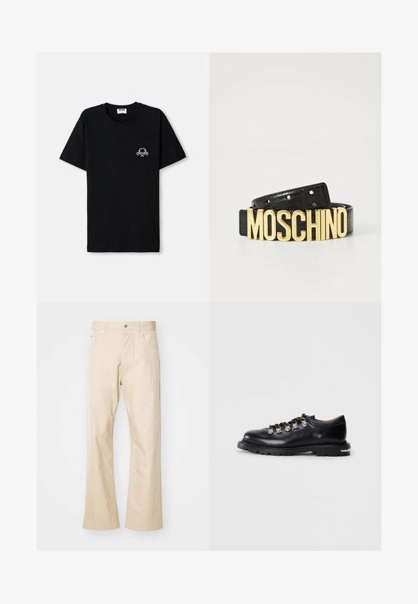 Sort bomulds t-shirt med rund halsudskæring. Har et lille hvidt grafisk design på brystet. Korte ærmer og lige kant.; Beige bukser lavet af bomuld, med en lige ben-edesign, to frontlommer, bæltestropper og metalknaplukning.; Sorte læder lavskårne sko med tyk sål, metaløjer, dekorative sølv charms på snørebåndene, og tekstureret mønster på sålen.; Sorte læderbælte med en krokodilletekstur og et stort guld "MOSCHINO" logo som spænde. Har flere justeringshuller.