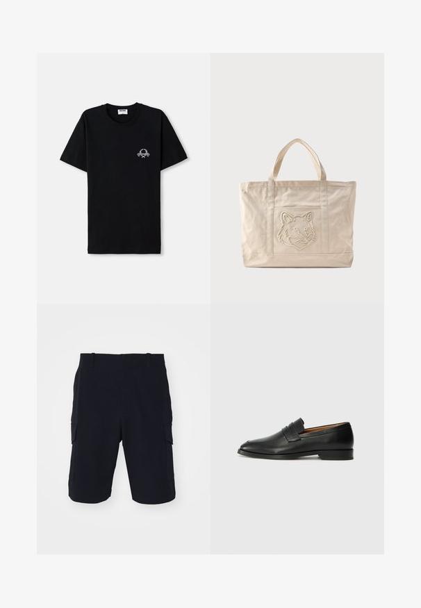 Musta puuvillapaita, jossa on pyöreä kaula-aukko. Rinnassa on pieni valkoinen graafinen kuvio. Lyhyet hihat ja suora helma.; rag & bone CADE - Shortsit - black; Musta nahkainen loafer, jossa on pyöreä kärki, hienovarainen ommelkoristelu ja matala korko, joka on varustettu sileällä pinnalla ja minimalistisella designilla.; Beige kangaskassi, jossa on kaksoiskahvat ja etutaskun kohokuvioitu susipääkuvio.