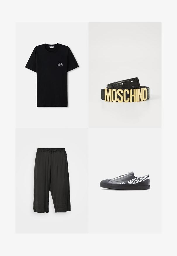 Camiseta de algodón negra con escote redondo. Presenta un pequeño diseño gráfico blanco en el pecho. Mangas cortas y dobladillo recto.; Pantalones cortos negros con una cinturilla elástica y cordón. Fabricados con una tela suave y ligera, con costuras laterales para un ajuste relajado.; Zapatilla deportiva negra de corte bajo con cordones blancos y "MOSCHINO" impreso en grandes letras blancas a lo largo del lateral y el talón.; Cinturón de piel negra con textura de cocodrilo y un gran logo dorado de "MOSCHINO" como hebilla. Presenta múltiples agujeros de ajuste.