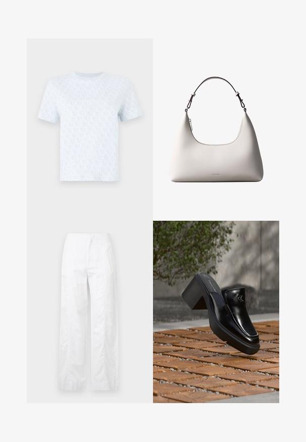 T-shirt bleu clair à manches courtes avec un motif de logo répétitif, encolure ronde et texture de tissu douce. Design minimaliste.; Pantalons larges blancs en tissu léger, présentant une texture lisse, des lignes épurées et une taille haute.; Mule slip-on en cuir noir Calvin Klein avec talon bloc reposant sur des carreaux en bois à l'extérieur près d'une plante verte et d'un mur gris.; Sac à bandoulière en cuir couleur crème de Calvin Klein avec bord supérieur incurvé, fermeture éclair argentée et sangle ajustable brun foncé.