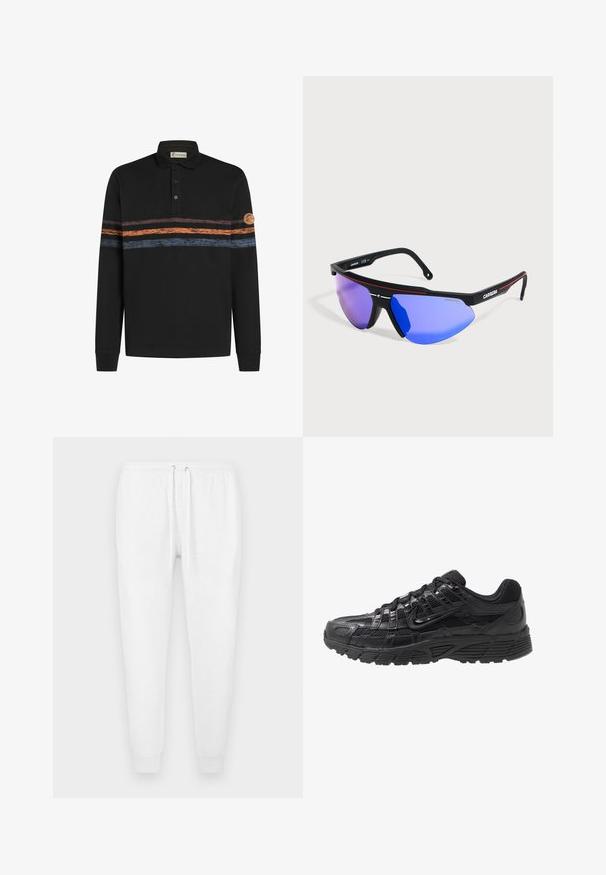 Zwarte polo met lange mouwen, gekenmerkt door een textuur met horizontale strepen in oranje en blauw, met een logopatch op de linker mouw.; Witte joggingbroek van zachte stof, met een elastische tailleband en aantrekkoord, en aansluitende boorden bij de enkels. Geen zichtbare patronen.; Zwarte sportschoen met een bovenwerk van mesh en synthetisch materiaal, een gestructureerd oppervlak, vetersluiting en een rubberen zool met patroon voor grip.; Carrera sportzonnebril met zwart montuur, blauwe gespiegelde glazen en rood streepdetaal langs de bovenrand op een witte achtergrond.