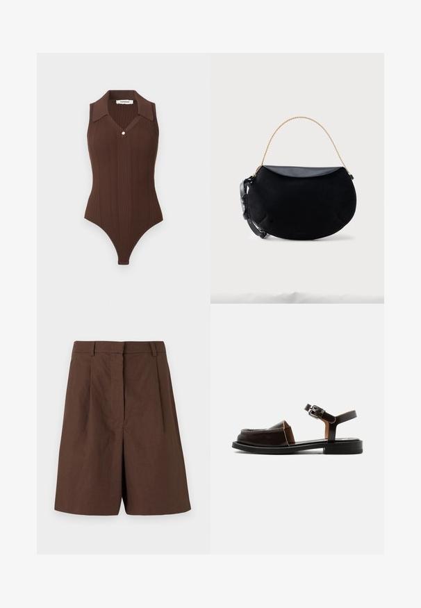 Body marron sans manches à côtes avec col polo et un bouton doré au niveau du col en V, créé par Sandro, présenté sur un fond clair.; Short marron taille haute cintré avec passants de ceinture, plis devant et fermeture avant dissimulée sur fond blanc.; Sandale plate en cuir marron foncé à bout ouvert, avec bride à la cheville et boucle argentée, petit talon, et empeigne fermée avec détails ajourés.; Sac à main noir en forme de croissant avec rabat en cuir lisse, anse chaîne dorée et sangle en cuir noir réglable sur fond blanc.