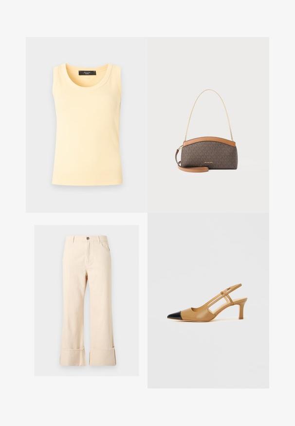 Débardeur en maille côtelée sans manches de couleur jaune pâle avec col rond et étiquette de marque noire à l'intérieur du col.; Pantalon large couleur crème avec bouton sur le devant, passants pour ceinture, poches avant et revers pliés.; Escarpins slingback couleur fauve avec embout pointu noir, côtés découpés et talon bloc de hauteur moyenne. Matière en cuir lisse.; Sac à main Michael Kors marron avec motif monogramme, bordure en cuir beige et bandoulières en chaîne dorée et cuir sur fond blanc.