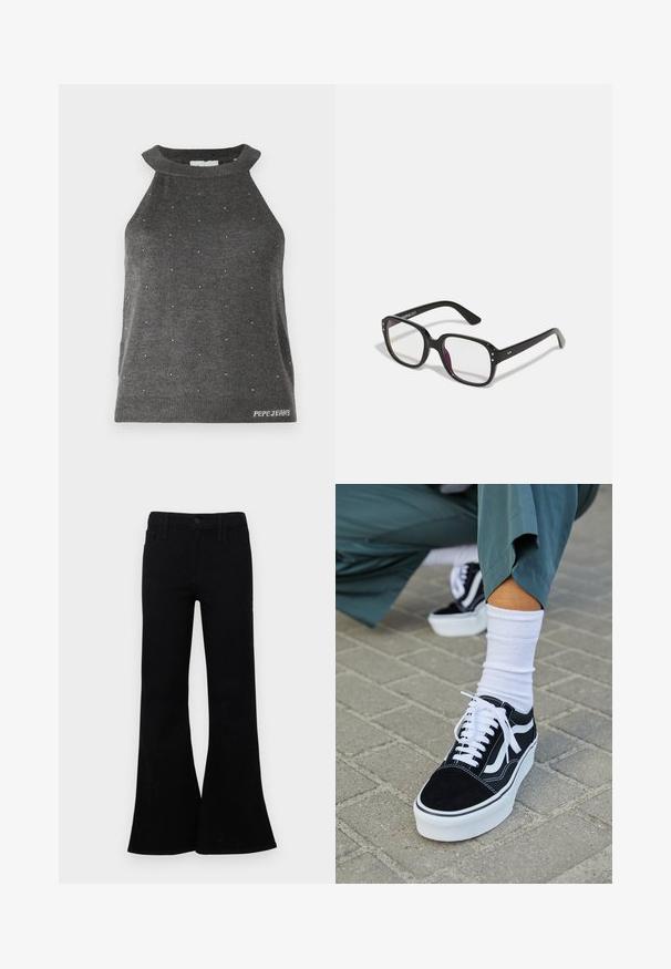 Grå ærmeløs top med høj hals, prydet med små sølvdetaljer spredt ud over og en ribbet kant med "Pepe Jeans" logo.; Sorte flared jeans lavet af denim, med en knaplukning og en fem-lomme design samt en glat tekstur. Markant flared kant.; Sorte ruskinds sneakers med hvide accenter og snørebånd, der har en tyk hvid sål og kontrasterende syninger, parret med en hvid sok.; Sorte rektangulære briller med klare linser, der har afrundede kanter og sideaccenter, med en blank finish på stellet og arme.