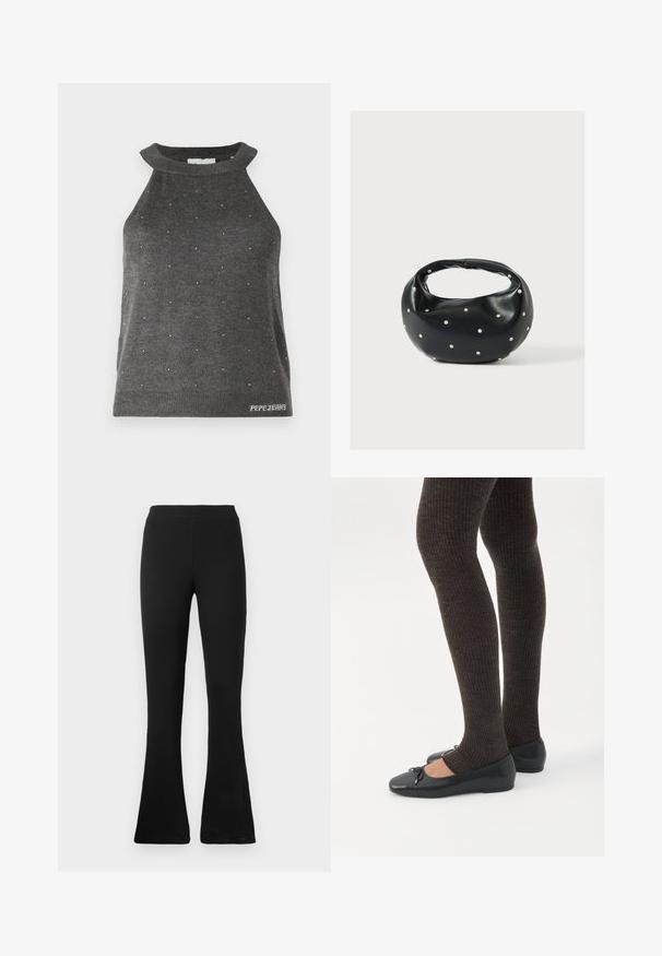 Grå ærmeløs top med høj hals, prydet med små sølvdetaljer spredt ud over og en ribbet kant med "Pepe Jeans" logo.; Sorte ribbede flared bukser med høj talje. Det bløde, elastiske materiale giver en tætsiddende silhuet og en flared bund for stil og komfort.; Ben iført mørke ribbede leggings kombineret med sorte balletsko med små sløjfedetaljer på hvid baggrund.; Sort læderhåndtaske med en rundet form, dekoreret med sølvnitter, og et kort håndtag. Glat tekstur og lynlåslukning.