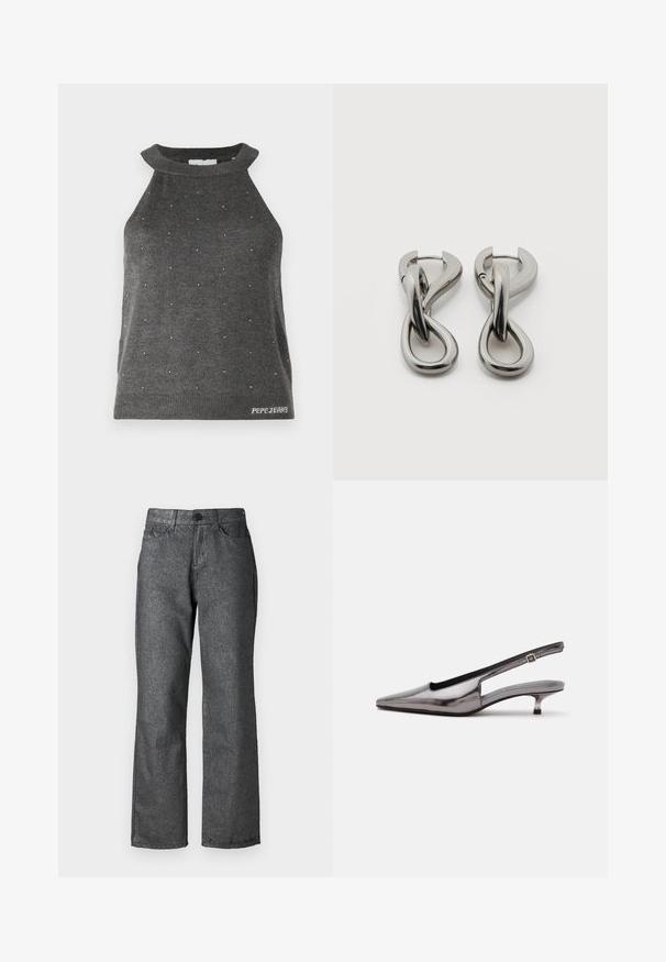 Grå ærmeløs top med høj hals, prydet med små sølvdetaljer spredt ud over og en ribbet kant med "Pepe Jeans" logo.; Grå denim jeans med en let glans, lige ben design, fem lommer, knaplukning og synlige søm detaljer.; Metalgrå spids slingback-sko med lav kittenhæle og justerbar rem på hvid baggrund.; Par af sølvtonede metale øreringe med abstrakt sammenflettet løbedesign på hvid baggrund.