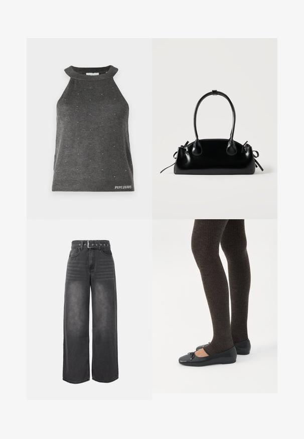 Grå ærmeløs top med høj hals, prydet med små sølvdetaljer spredt ud over og en ribbet kant med "Pepe Jeans" logo.; Sort, viddebenet denimjeans med høj talje, matchende bælte, sidelommer og en diskret falmet struktur i stoffet.; Ben iført mørke ribbede leggings kombineret med sorte balletsko med små sløjfedetaljer på hvid baggrund.; Lille sort blank håndtaske med to lange håndtag og snøre-detaljer i siden på en ensfarvet lys baggrund.