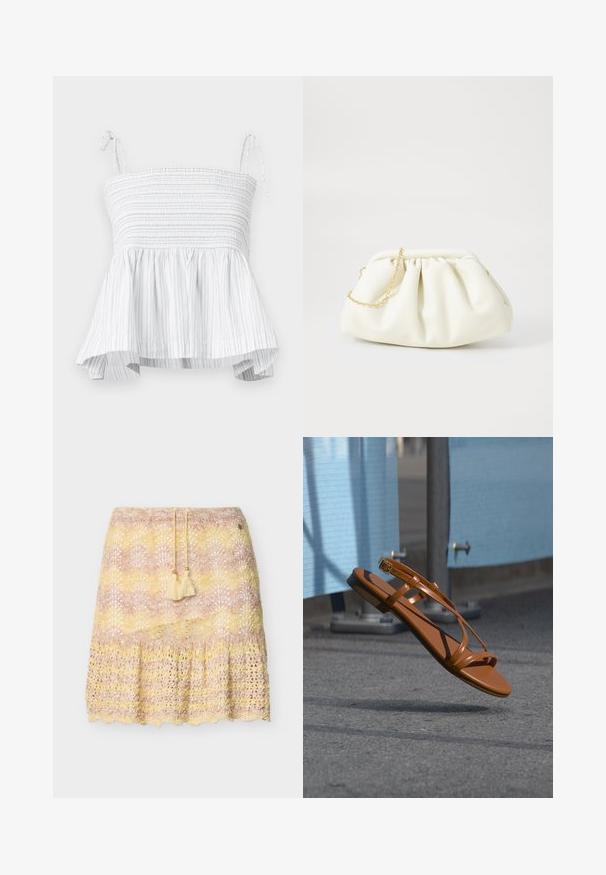 Λευκό strapless τοπ με σμάλτο και φαρδύ στρίφωμα. Διαθέτει κατακόρυφες ανοιχτού γκρι ρίγες και ρυθμιζόμενους ιμάντες για ασφαλή εφαρμογή.; Φούστα μήκους μέχρι το γόνατο πλεκτή με βελονάκι, με κυματοειδές τελείωμα σε παστέλ ροζ, κίτρινους και μπεζ τόνους, με ζωνάκι με κορδόνι και φούντες.; Καφέ δερμάτινο σανδάλι με λεπτούς ιμάντες και αγκράφα που αιωρείται πάνω από μια γκρι ασφάλτινη επιφάνεια κοντά σε ένα μπλε εμπόδιο ή φράχτη.; Λευκή δερμάτινη τσάντα με πτυχωτό σχέδιο, διαθέτοντας χρυσό αλυσίδα και στρογγυλή μορφή. Λείος υφασμάτινος τύπος με μαλακούς πτυχών και χωρίς μοτίβα.