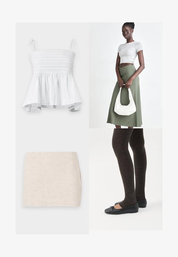 Top blanc sans bretelles avec un corsage smocké et un ourlet évasé. Présente des rayures verticales grises claires et des bretelles à nouer ajustables pour un ajustement sécurisé.; Jupe en lin beige au design minimaliste, présentant une texture lisse et un tissage subtil. Elle a une coupe droite et simple, sans fermetures visibles.; Jambes portant des leggings côtelés foncés associés à des ballerines noires avec de petits détails en nœud sur fond blanc.; Top court rayé gris et jupe taille haute verte olive. Le mannequin tient un sac à bandoulière blanc avec des découpes. Design simple, silhouette ajustée.