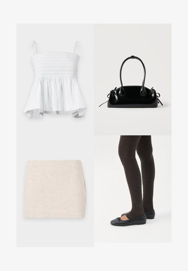 Witte strapless top met smock-borstvoeding en uitlopende zoom. Kenmerkt verticale lichtgrijze strepen en verstelbare strikbandjes voor een veilige pasvorm.; Beige linnen rok met een minimaal ontwerp, voorzien van een gladde textuur en subtiele structuur. Het heeft een rechte, eenvoudige snit zonder zichtbare sluitingen.; Benen met donkere geribbelde leggings gecombineerd met zwarte ballerina's met kleine strikdetails op een witte achtergrond.; Kleine zwarte glanzende handtas met twee lange hengsels en zijkant trekkoord details op een effen lichte achtergrond.