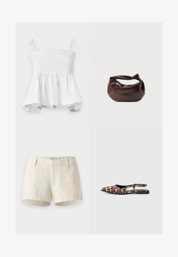 Witte strapless top met smock-borstvoeding en uitlopende zoom. Kenmerkt verticale lichtgrijze strepen en verstelbare strikbandjes voor een veilige pasvorm.; Lichtbeige shorts van linnen. Beschikt over een platte tailleband, voorzakken en een nette zoom. Eenvoudig, minimalistisch ontwerp.; Leopardprint platte slingback-schoen met spitse neus, open zijkanten en kleine zwarte hak. Materiaal lijkt glad met een lichte glans.; Donkerbruine leren schoudertas met een zachte, slungelige vorm en een gedraaide knoopvormige handgreep op een effen witte achtergrond.