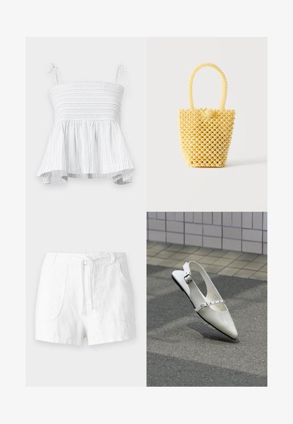 Witte strapless top met smock-borstvoeding en uitlopende zoom. Kenmerkt verticale lichtgrijze strepen en verstelbare strikbandjes voor een veilige pasvorm.; Witte linnen shorts met een trekkoord in de taille, voorzien van twee voorzakken en een gladde textuur. Eenvoudig ontwerp zonder versieringen.; Witte puntige slingback platte schoen met twee zilveren gespen, getoond buiten op een getextureerde ondergrond en betegelde muur als achtergrond.; Kleine handtas in emmerstijl gemaakt van glanzende crèmekleurige kralen met een lusvormige kralenhendel en decoratieve kralenknoopsluiting.