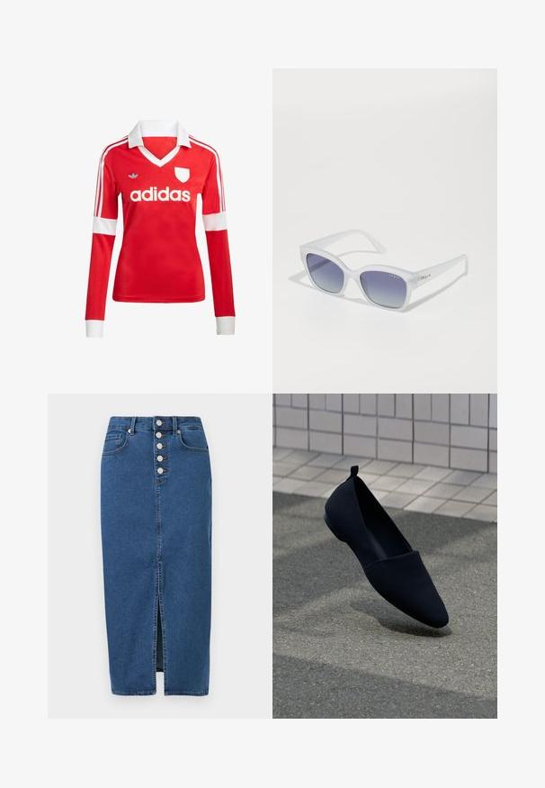 Camiseta de fútbol de manga larga roja con un cuello y puños blancos. Presenta tres rayas blancas en los hombros y el logotipo de "adidas" en un lugar destacado.; Falda midi de mezclilla azul con abertura frontal, cierre de botones y diseño de cinco bolsillos.; Zapato plano negro con punta afilada, textura suave y diseño minimalista. Presenta un pequeño tacón y una pequeña pestaña en la parte posterior.; Gafas de sol blancas con un acabado mate, lentes ovalados en un degradado de morado claro a oscuro, con un logo en la patilla.