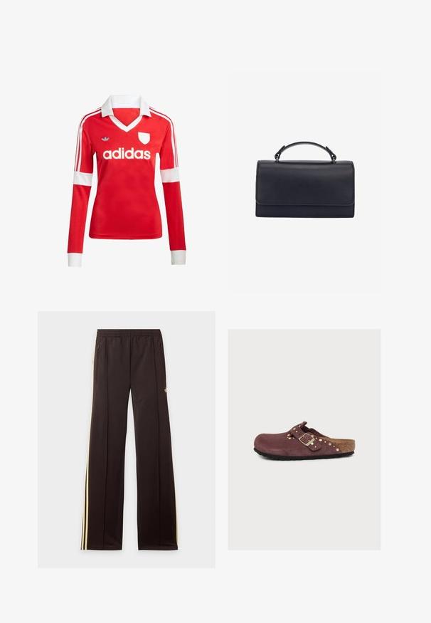Punane pikade varrukatega jalgpallipluus valge krae ja varrukateotstega. Omab kolme valget triipu õlgadel ja väljapaistvat "adidas" logo.; Mustad dressipüksid kollaste küljeribadega, elastse vöökohaga, küljetaskud lukuga ja väike logo reie ülaosas.; Pruun seemisnahast libisev jalanõu reguleeritava pannaliga rihma, kuldsete naelte, korgijalaosaga ja musta tekstuurse tallaga, nähtud küljelt.; Mustast nahast käekott, millel on struktureeritud disain, lame esiosa ja lühike käepide. Sile tekstuur ja puhtad õmblused.