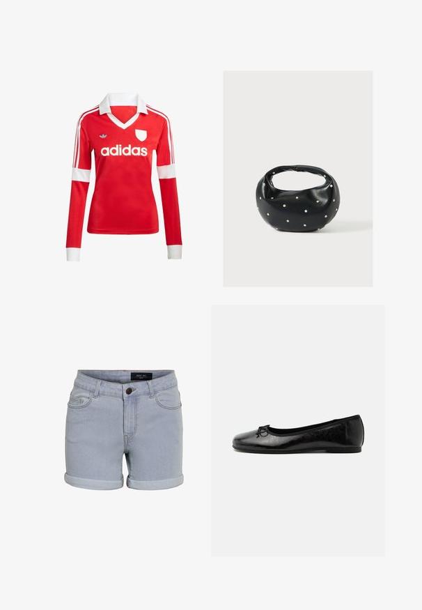 Rode lange mouwen voetbalshirt met een witte kraag en manchetten. Heeft drie witte strepen op de schouders en het "adidas" logo prominent weergegeven.; Lichtblauwe denim shorts met een opgerolde zoom, voorzien van vijf zakken en een knoopsluiting. De stof heeft een gladde textuur en subtiele stikdetails.; Zwarte glanzende leren ballerina met lage hak en kleine decoratieve strik aan de voorkant, zijaanzicht op een effen lichte achtergrond.; Zwarte leren handtas met een afgeronde vorm, versierd met zilveren studs, en een korte handgreep. Gladde textuur en ritsluiting.
