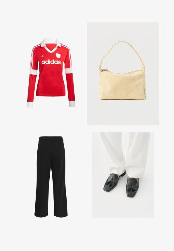 Camiseta de fútbol de manga larga roja con un cuello y puños blancos. Presenta tres rayas blancas en los hombros y el logotipo de "adidas" en un lugar destacado.; Pantalones negros de pierna ancha con textura suave, cintura elástica y sin logotipos ni adornos visibles. Diseño minimalista.; Mocasines negros de cuero con borlas, con punteras cuadradas y costuras decorativas, combinados con pantalones blancos de pierna ancha.; Pequeño bolso de cuero beige con una sola correa y tachuelas plateadas a lo largo de los bordes y la correa, sobre un fondo liso.