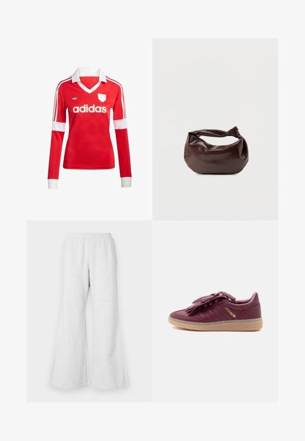 Červený futbalový dres s dlhým rukávom a bielym golierom a manžetami. Na ramenách sú tri biele pruhy a výrazne zobrazené logo "adidas".; Svetlé šedé rozšírené teplákové nohavice s elastickým pásom, vyrobené z jemnej, štruktúrovanej tkaniny. Majú voľný strih a široké otvory na nohavice.; Bordový teniskový model Adidas Spezial s gumovou podrážkou, zlatým logom na boku a strapcovým krytom na šnúrky na jednoliatom bielom pozadí.; Tmavohnedá kožená kabelka cez rameno s mäkkým, voľným tvarom a držadlom v podobe skrúteného uzla na jednoduchom bielom pozadí.