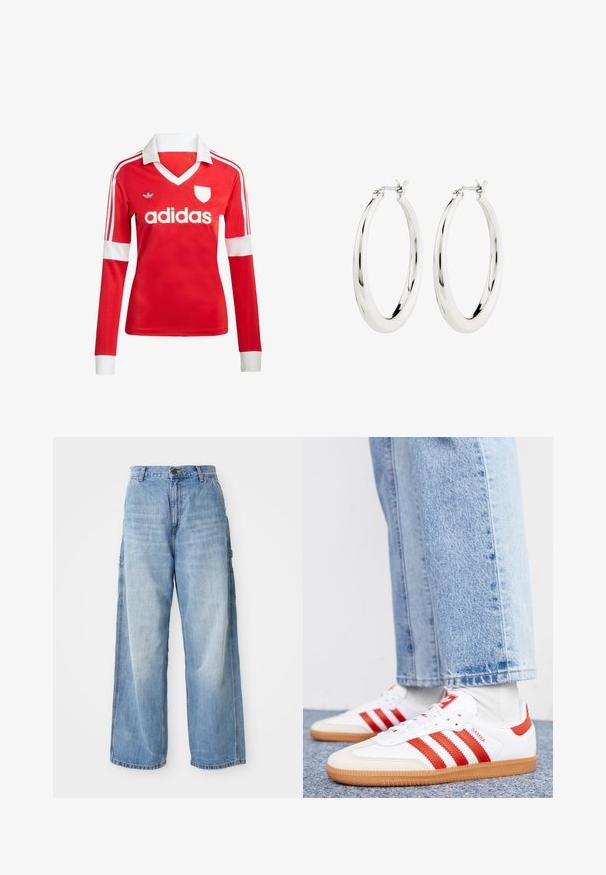Camiseta de fútbol de manga larga roja con un cuello y puños blancos. Presenta tres rayas blancas en los hombros y el logotipo de "adidas" en un lugar destacado.; Jeans de pierna ancha en color azul claro con una cintura alta, que cuentan con bolsillos laterales y una textura desgastada, confeccionados en material de mezclilla.; Zapatillas de cuero blancas con rayas y detalles rojos. Cuentan con una suela de goma texturizada y un collar acolchado. Llevadas con denim azul claro.; Pendientes de aro de plata con un acabado suave y brillante. Forma circular, con un cierre seguro. Diseño sencillo y elegante.