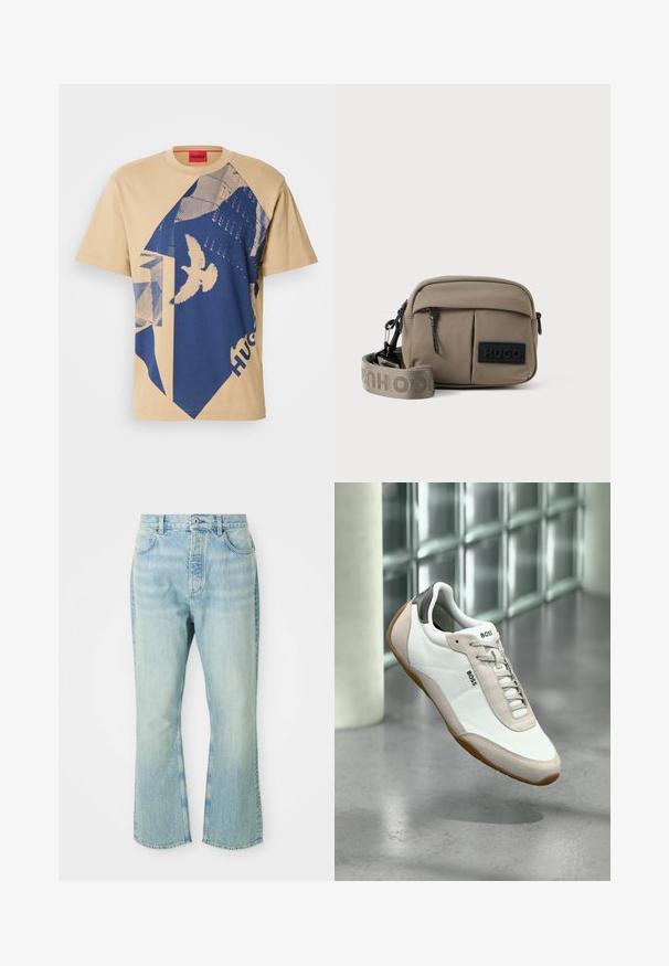 Beige Baumwoll-T-Shirt mit blauem geometrischem Muster und einem Vogelmotiv. Rotes Etikett mit "HUGO" am Halsausschnitt. Kurze Ärmel, Rundhalsausschnitt.; Hellblaue, ausgestellte Jean mit hoher Taille, ausgestattet mit fünf Taschen, Gürtelschlaufen und einem ausgewaschenen Denim-Look.; Weißer und beiger BOSS-Sneaker mit brauner Sohle, der über einem polierten Betonboden vor einer Glassteinwand schwebt.; Khaki-farbene Nylon-Crossbody-Tasche mit zwei Reißverschluss-Vordertaschen, verstellbarem Tragegurt und einem schwarzen Logo-Patch auf der Vorderseite. Glatte Textur.
