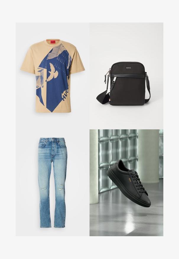 Camiseta de algodón beige con un patrón geométrico azul y un diseño de ave. Etiqueta roja con "HUGO" en el cuello. Mangas cortas, cuello redondo.; Jeans de mujer de tiro medio en azul con lavado desgastado, desgastes en ambas rodillas, corte recto y diseño clásico de cinco bolsillos.; Zapatilla baja de piel negra con cordones negros y logo dorado BOSS en el lateral, flotando sobre un suelo gris brillante en un espacio interior moderno.; Bolso bandolero negro con un tejido texturizado, logo en la parte frontal, cierre de cremallera y correa ajustable. Presenta un ribete de cuero suave.