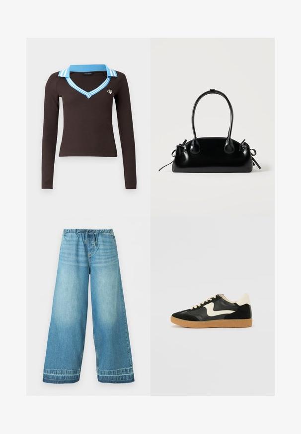 Haut marron à manches longues avec un col en V et un col rayé bleu clair. Présente une coupe ajustée et un petit logo sur la poitrine.; Pantalon en jean bleu clair à jambes larges avec une ceinture élastique et un cordon de serrage, poches avant et détails délavés subtils.; Baskets en daim et cuir noir avec un swoosh latéral crème et un talon crème clair. Dotées de lacets beige et d'une semelle en caoutchouc gomme.; Petit sac à main noir brillant avec deux longues anses et des détails à cordon sur les côtés sur un fond clair uni.