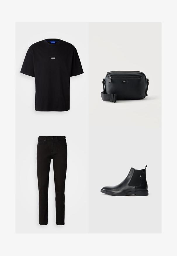 Sort bomulds t-shirt med rund hals, korte ærmer og et hvidt rektangulært "HUGO" logo på brystet. Glat overflade, afslappet pasform.; Sorte denimjeans med lige ben, lynlås og fem lommer. Stoffet har en glat tekstur uden synlige mønstre.; Sorte læder Chelsea støvler med elastiske sidepaneler, en pull-tab og en flad gummisål. Glat tekstur med minimal detaljer.; Sort læder crossbody-taske med lynlåslomme foran og justerbar stofrem, mærket med "BOSS" logo foran.