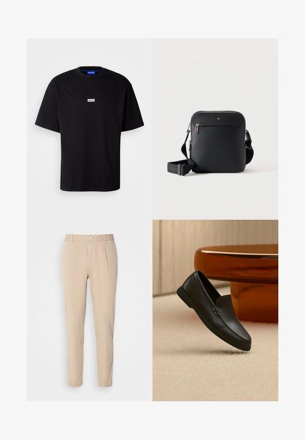 Sort bomulds t-shirt med rund hals, korte ærmer og et hvidt rektangulært "HUGO" logo på brystet. Glat overflade, afslappet pasform.; Beige bukser med en slim fit, lavet af vævet materiale. Har en enkelt knaplukning, plisseret front og lige ben.; Sort læder slip-on loafer vist på beige tæppe ved siden af et buet borde af ravfarvet glas i et rum med neutrale toner.; Sort læder crossbody taske med frontlynlåslomme og justerbar rem på ensfarvet hvid baggrund.